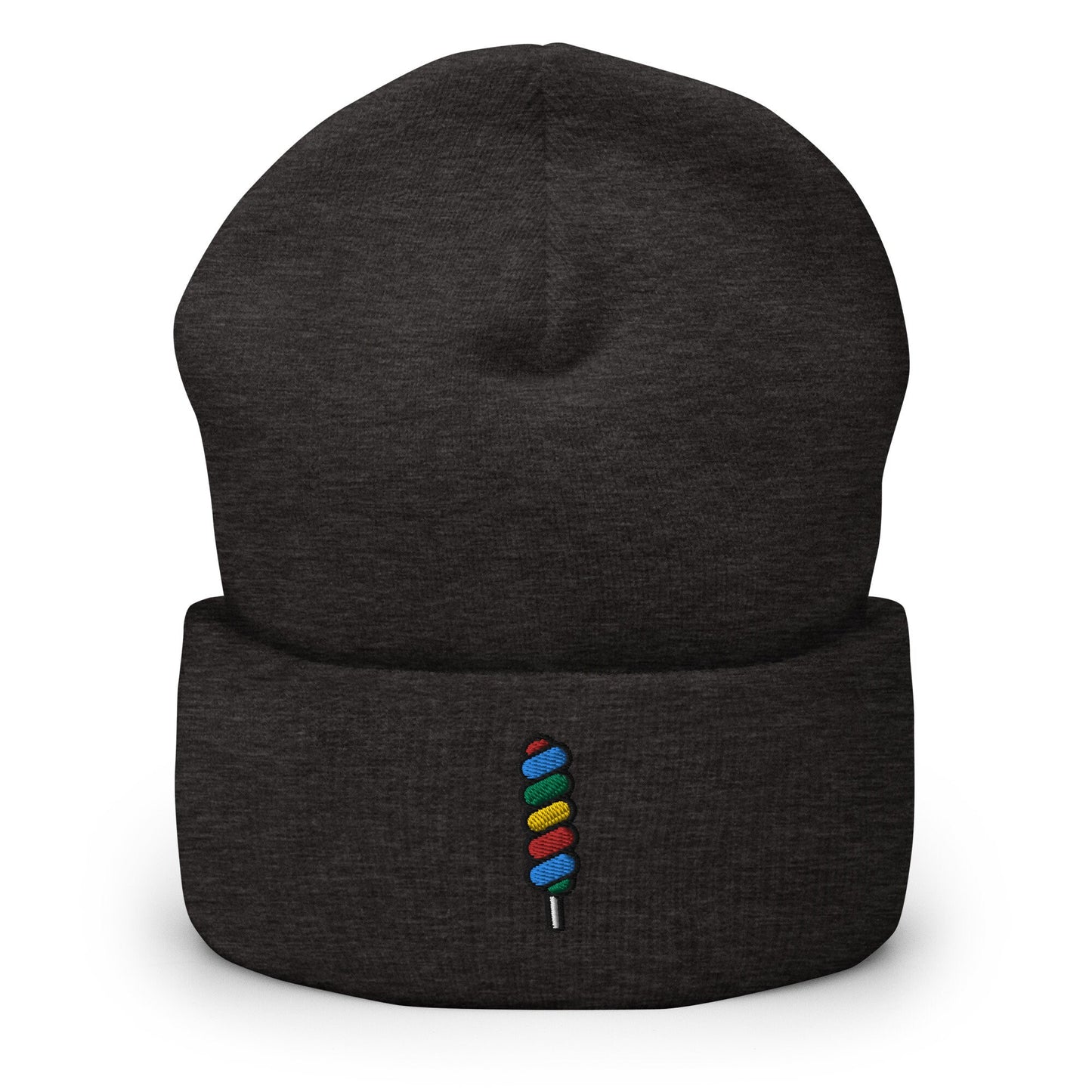 Rainbow Twisty Swirl Lollipop Candy Embroidered Beanie, Handmade Cuffed Knit Unisex Slouchy Adult Winter Hat Cap Gift