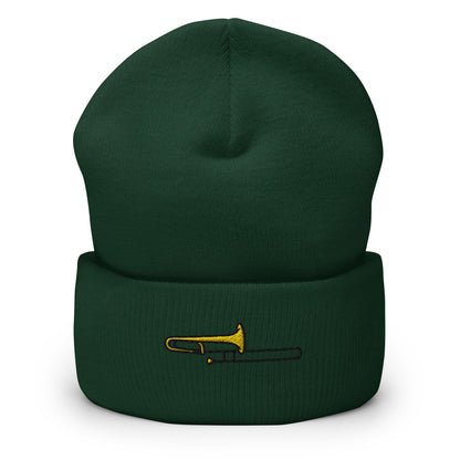 Trombone Player Instrument Embroidered Beanie, Handmade Cuffed Knit Unisex Slouchy Adult Winter Hat Cap Gift