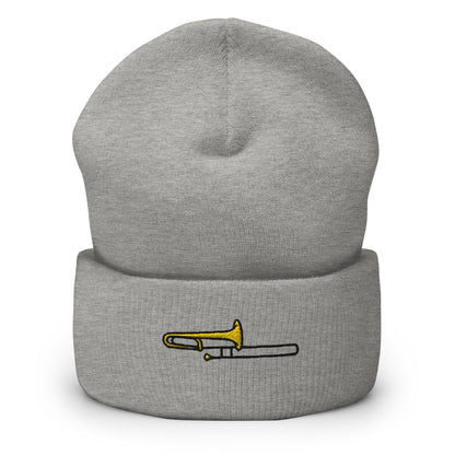 Trombone Player Instrument Embroidered Beanie, Handmade Cuffed Knit Unisex Slouchy Adult Winter Hat Cap Gift