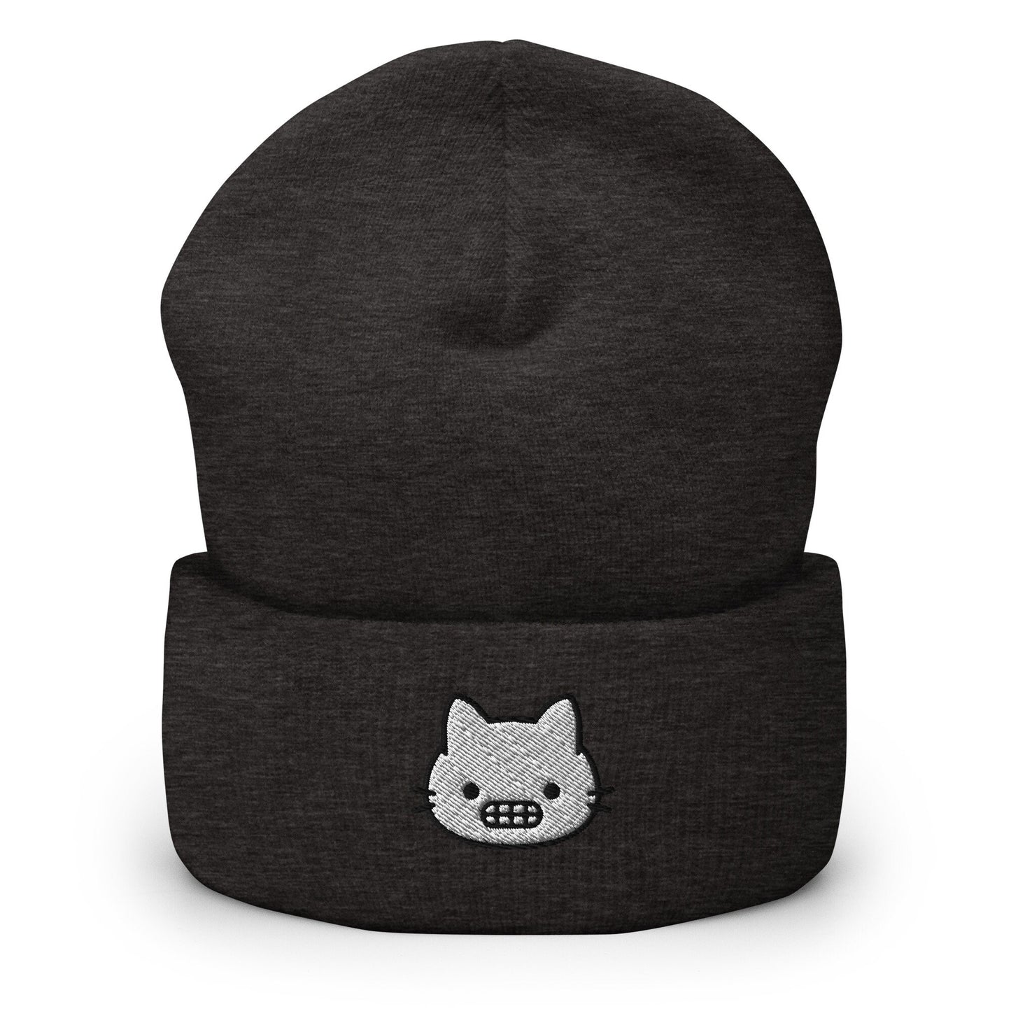 Grimacing Cat Face Embroidered Beanie, Handmade Cuffed Knit Unisex Slouchy Adult Winter Hat Cap Gift