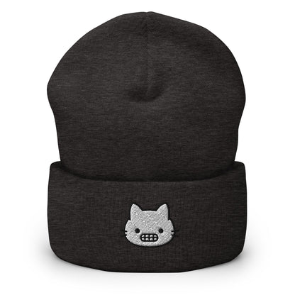 Grimacing Cat Face Embroidered Beanie, Handmade Cuffed Knit Unisex Slouchy Adult Winter Hat Cap Gift