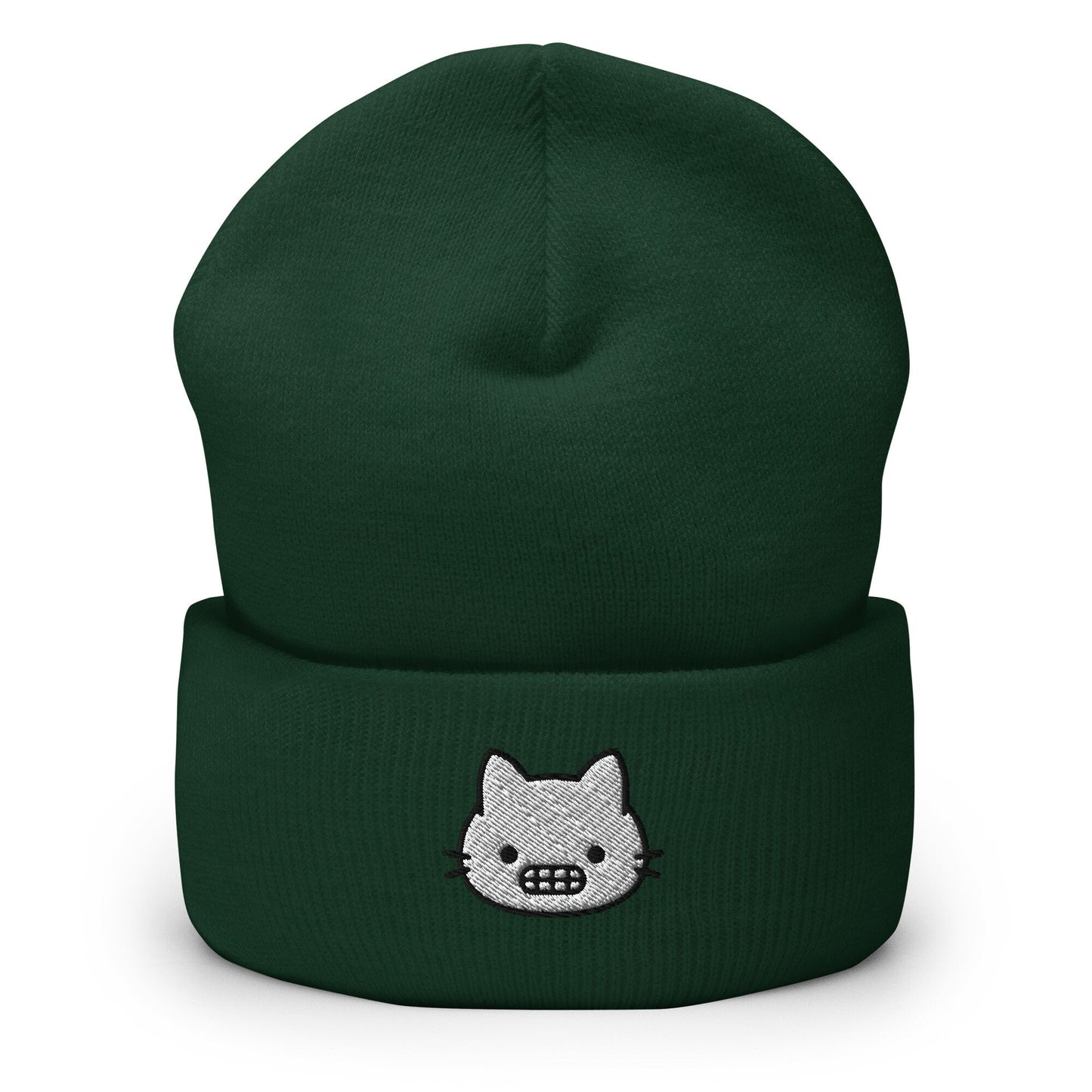 Grimacing Cat Face Embroidered Beanie, Handmade Cuffed Knit Unisex Slouchy Adult Winter Hat Cap Gift