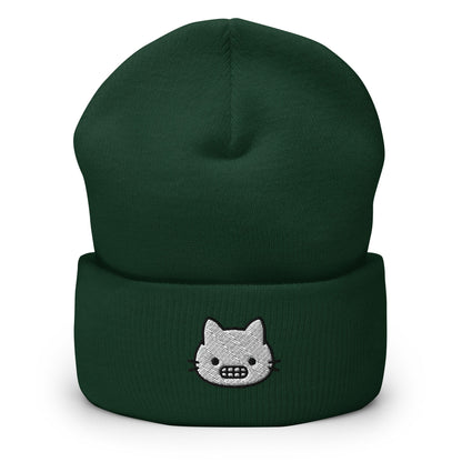 Grimacing Cat Face Embroidered Beanie, Handmade Cuffed Knit Unisex Slouchy Adult Winter Hat Cap Gift