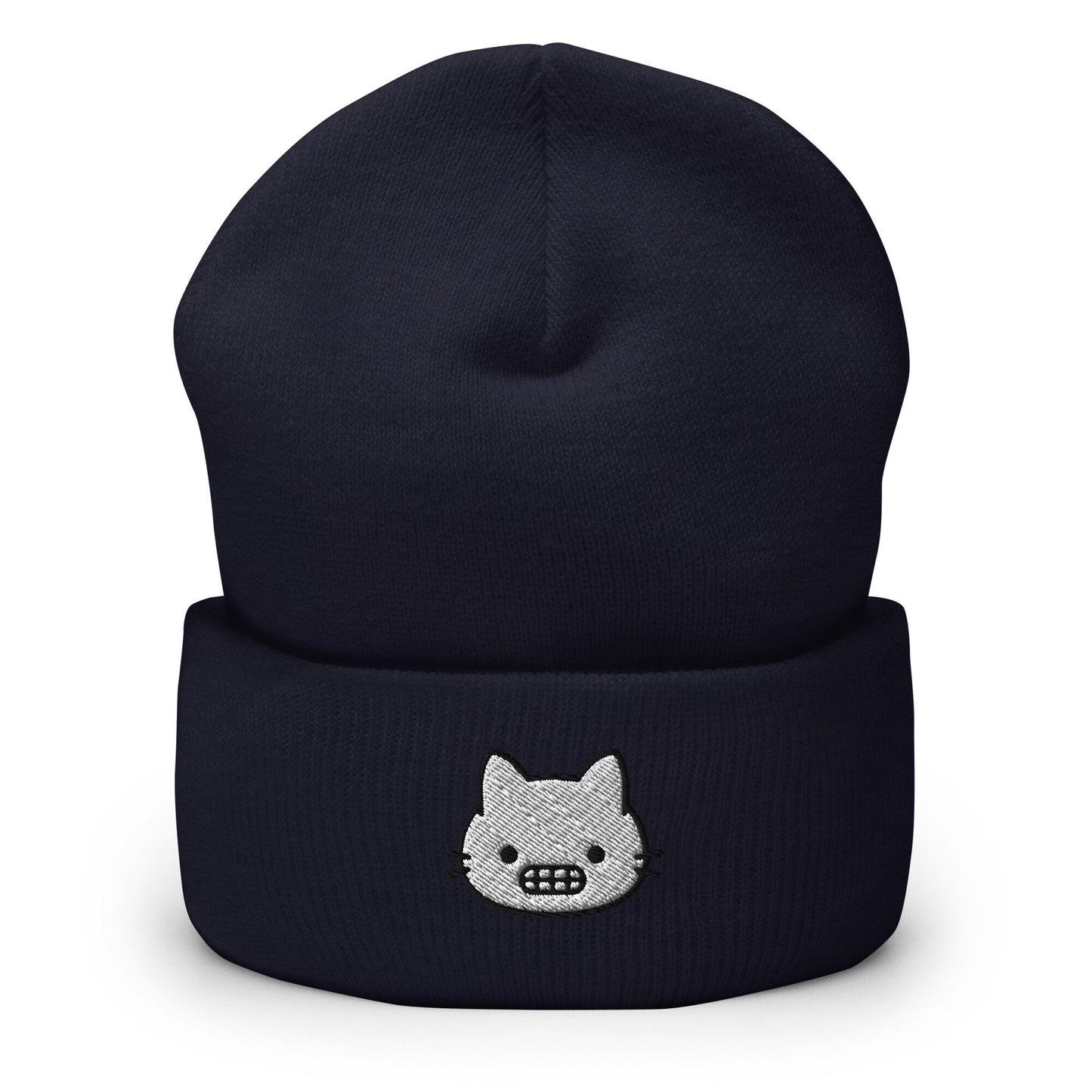Grimacing Cat Face Embroidered Beanie, Handmade Cuffed Knit Unisex Slouchy Adult Winter Hat Cap Gift
