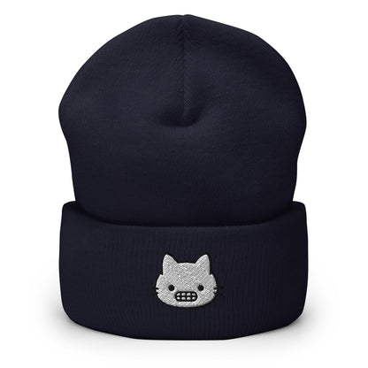 Grimacing Cat Face Embroidered Beanie, Handmade Cuffed Knit Unisex Slouchy Adult Winter Hat Cap Gift