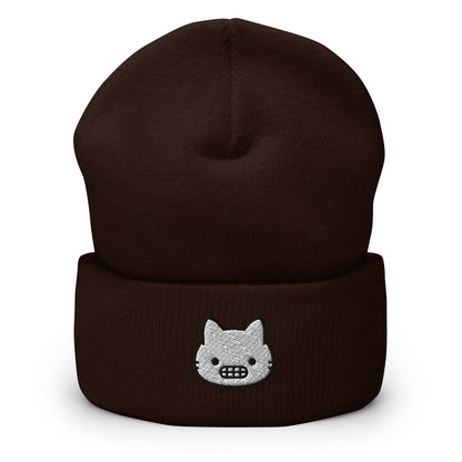 Grimacing Cat Face Embroidered Beanie, Handmade Cuffed Knit Unisex Slouchy Adult Winter Hat Cap Gift