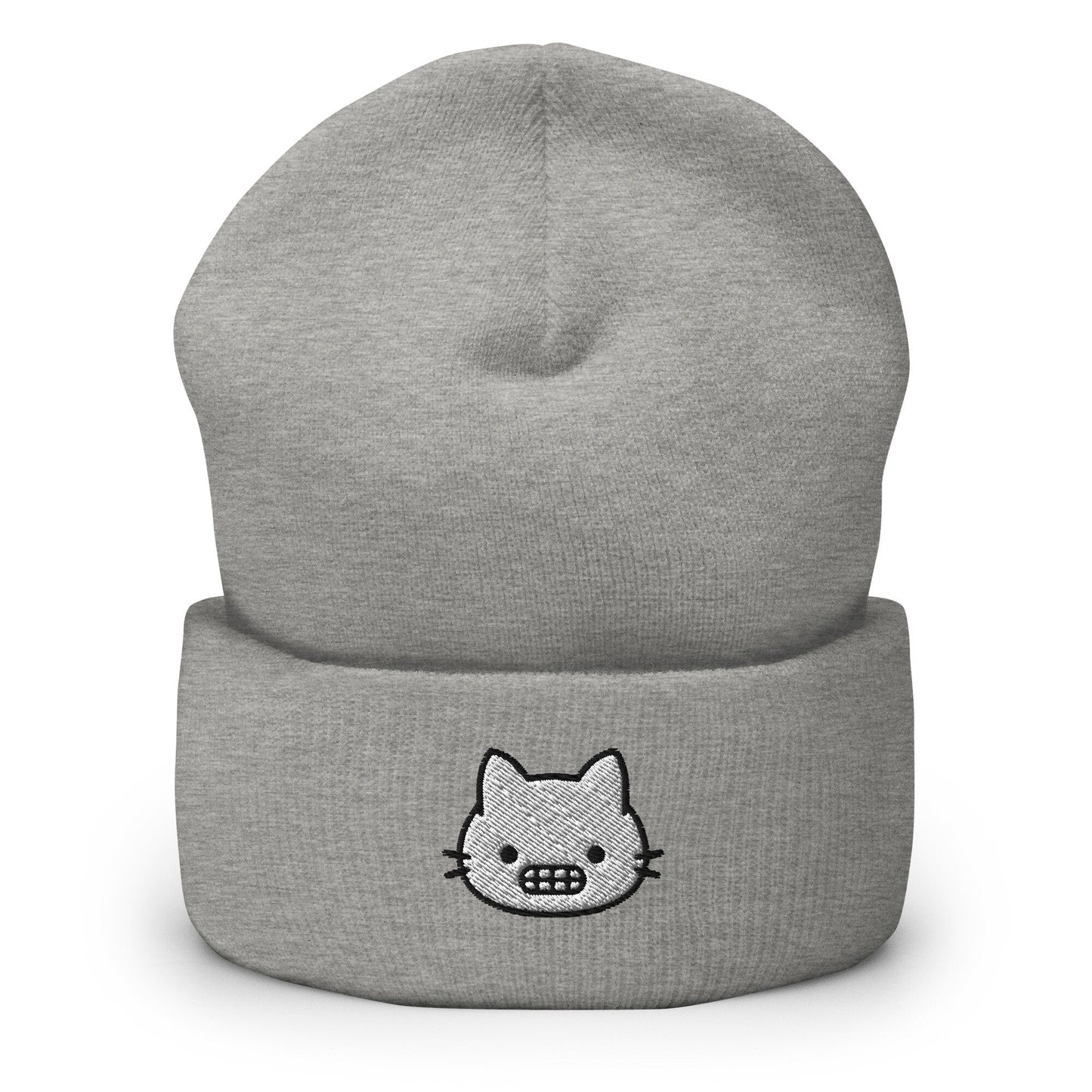 Grimacing Cat Face Embroidered Beanie, Handmade Cuffed Knit Unisex Slouchy Adult Winter Hat Cap Gift
