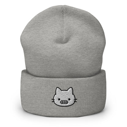 Grimacing Cat Face Embroidered Beanie, Handmade Cuffed Knit Unisex Slouchy Adult Winter Hat Cap Gift
