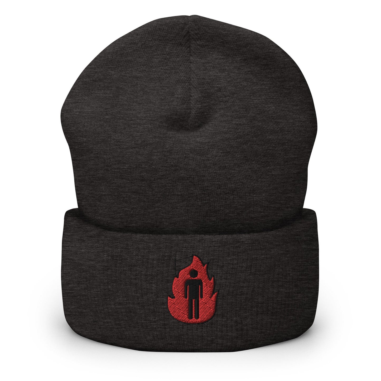Man on Fire Anxiety Burning Man Embroidered Beanie, Handmade Cuffed Knit Unisex Slouchy Adult Winter Hat Cap Gift
