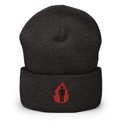 Man on Fire Anxiety Burning Man Embroidered Beanie, Handmade Cuffed Knit Unisex Slouchy Adult Winter Hat Cap Gift