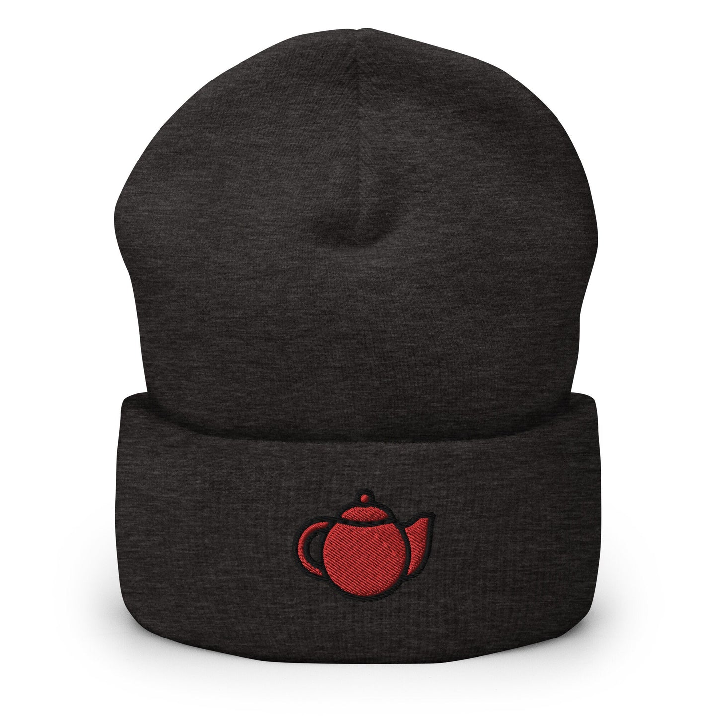 Teapot Embroidered Beanie, Handmade Cuffed Knit Unisex Slouchy Adult Winter Hat Cap Gift