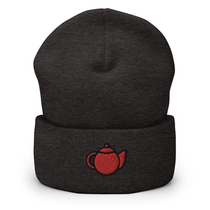 Teapot Embroidered Beanie, Handmade Cuffed Knit Unisex Slouchy Adult Winter Hat Cap Gift