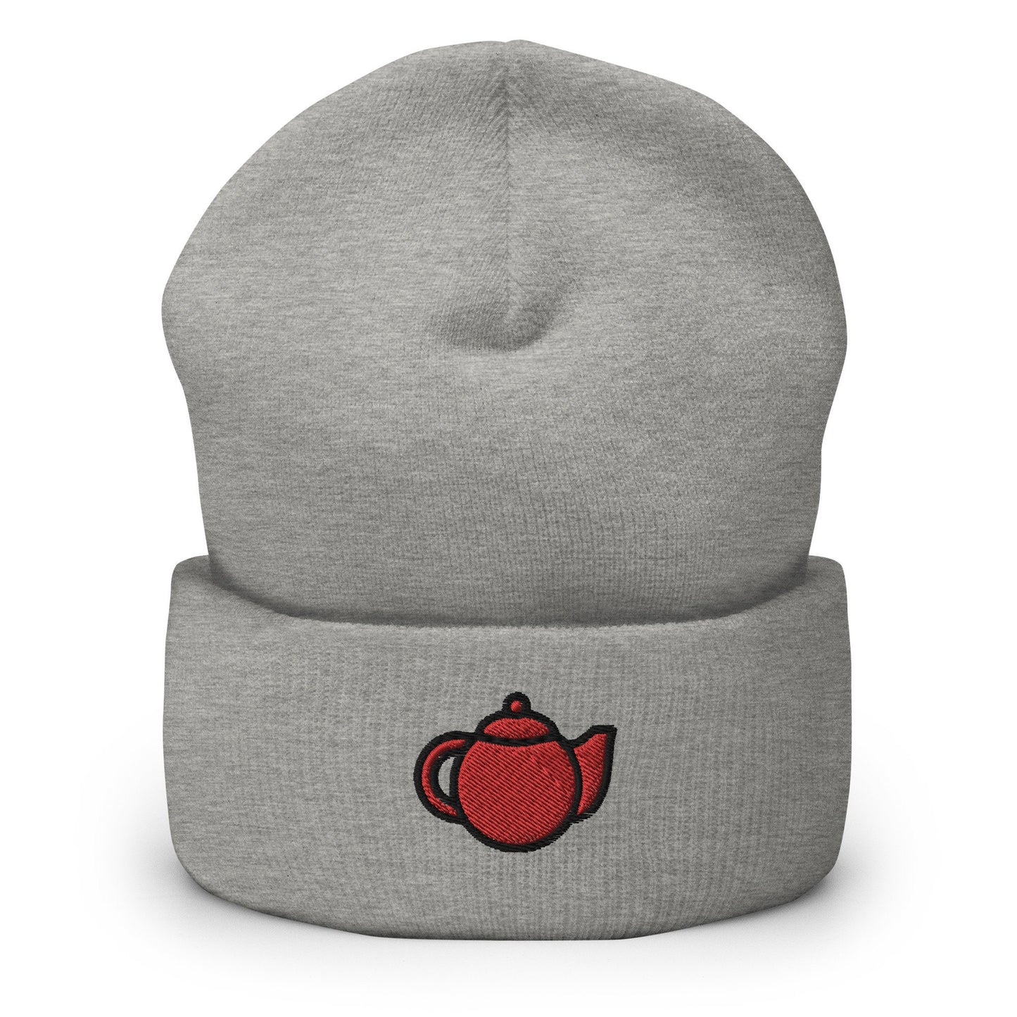 Teapot Embroidered Beanie, Handmade Cuffed Knit Unisex Slouchy Adult Winter Hat Cap Gift