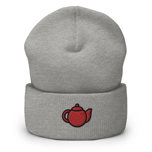 Teapot Embroidered Beanie, Handmade Cuffed Knit Unisex Slouchy Adult Winter Hat Cap Gift