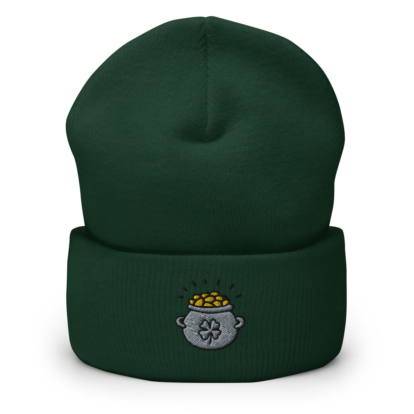 St. Patrick's Day Leprechaun Pot Of Gold Embroidered Beanie, Handmade Cuffed Knit Unisex Slouchy Adult Winter Hat Cap Gift