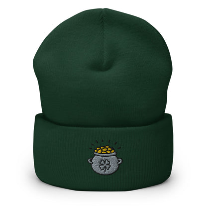 St. Patrick's Day Leprechaun Pot Of Gold Embroidered Beanie, Handmade Cuffed Knit Unisex Slouchy Adult Winter Hat Cap Gift