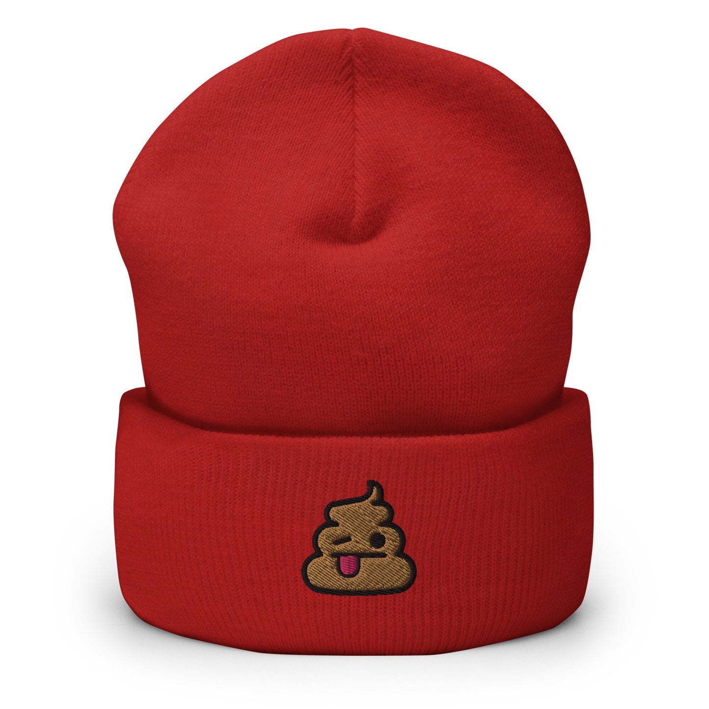 Poop Tongue Emoji Embroidered Beanie, Handmade Cuffed Knit Unisex Slouchy Adult Winter Hat Cap Gift