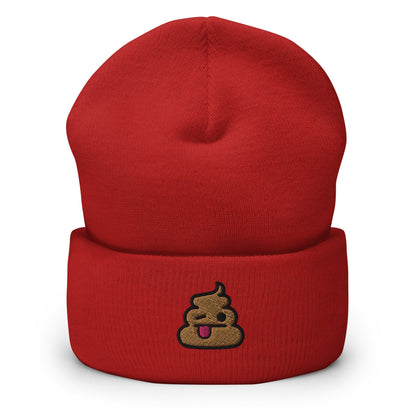Poop Tongue Emoji Embroidered Beanie, Handmade Cuffed Knit Unisex Slouchy Adult Winter Hat Cap Gift