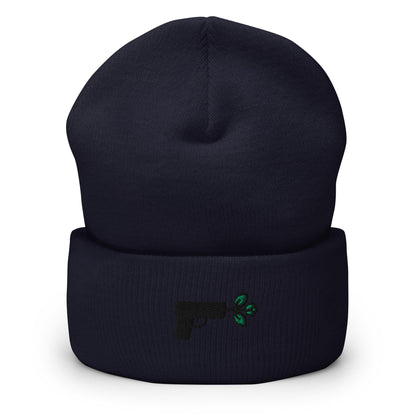 Pistol Peace Gun Embroidered Beanie, Handmade Cuffed Knit Unisex Slouchy Adult Winter Hat Cap Gift