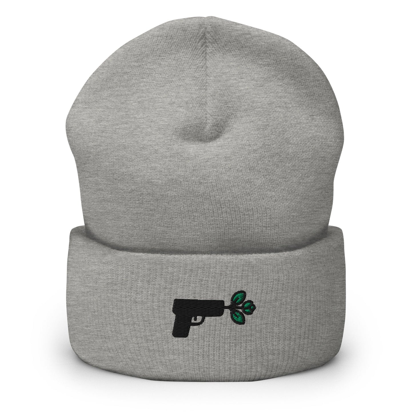 Pistol Peace Gun Embroidered Beanie, Handmade Cuffed Knit Unisex Slouchy Adult Winter Hat Cap Gift