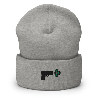 Pistol Peace Gun Embroidered Beanie, Handmade Cuffed Knit Unisex Slouchy Adult Winter Hat Cap Gift