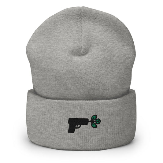 Pistol Peace Gun Embroidered Beanie, Handmade Cuffed Knit Unisex Slouchy Adult Winter Hat Cap Gift