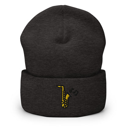 Jazz Saxophone Embroidered Beanie, Handmade Cuffed Knit Unisex Slouchy Adult Winter Hat Cap Gift