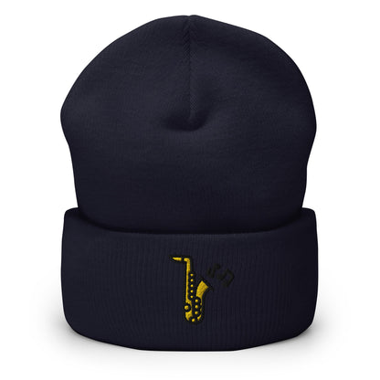 Jazz Saxophone Embroidered Beanie, Handmade Cuffed Knit Unisex Slouchy Adult Winter Hat Cap Gift