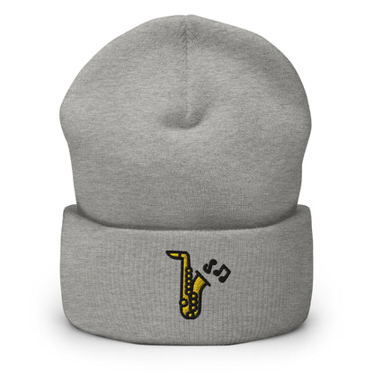 Jazz Saxophone Embroidered Beanie, Handmade Cuffed Knit Unisex Slouchy Adult Winter Hat Cap Gift