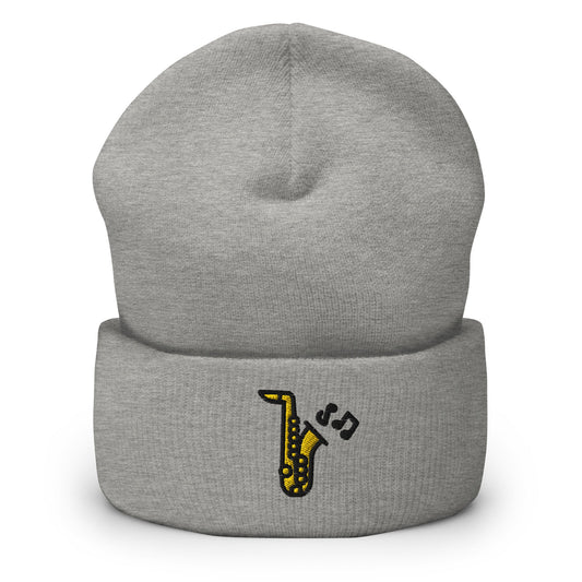 Jazz Saxophone Embroidered Beanie, Handmade Cuffed Knit Unisex Slouchy Adult Winter Hat Cap Gift