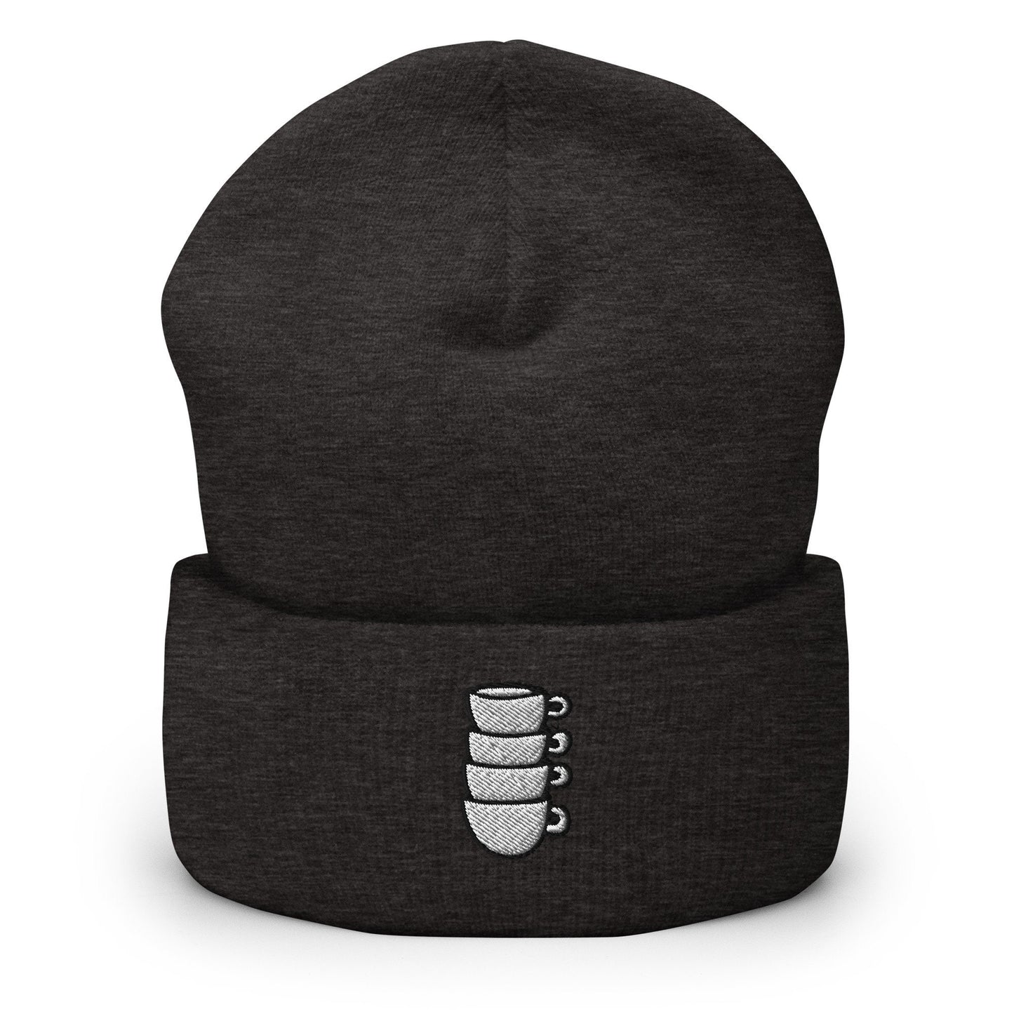 Stacked Espresso Cups Embroidered Beanie, Handmade Cuffed Knit Unisex Slouchy Adult Winter Hat Cap Gift