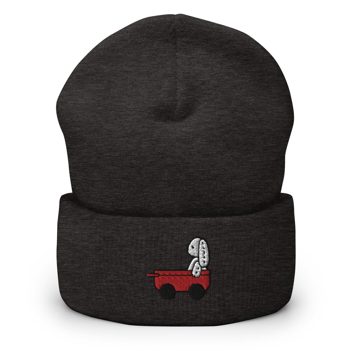 Stuffed Bunny Doll Red Wagon Embroidered Beanie, Handmade Cuffed Knit Unisex Slouchy Adult Winter Hat Cap Gift
