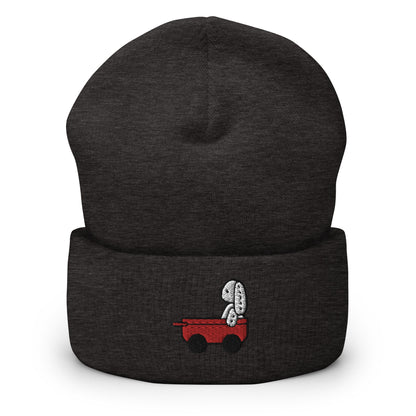 Stuffed Bunny Doll Red Wagon Embroidered Beanie, Handmade Cuffed Knit Unisex Slouchy Adult Winter Hat Cap Gift