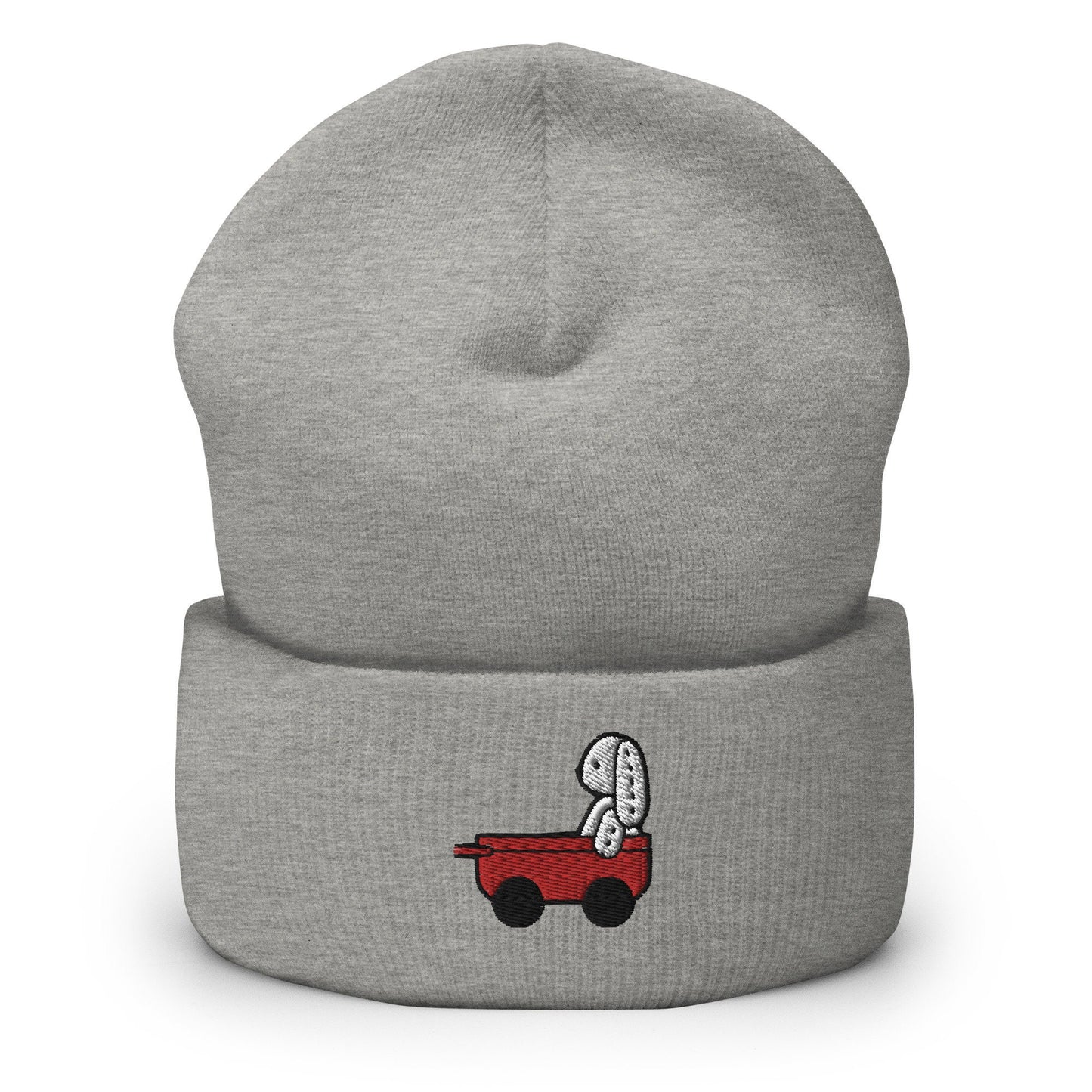 Stuffed Bunny Doll Red Wagon Embroidered Beanie, Handmade Cuffed Knit Unisex Slouchy Adult Winter Hat Cap Gift