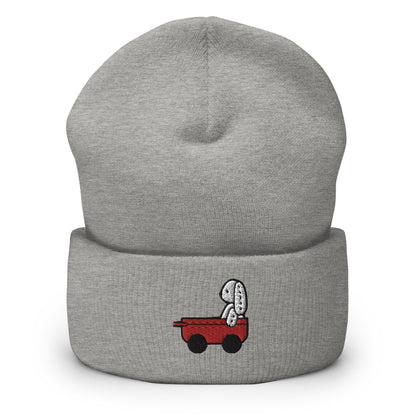 Stuffed Bunny Doll Red Wagon Embroidered Beanie, Handmade Cuffed Knit Unisex Slouchy Adult Winter Hat Cap Gift