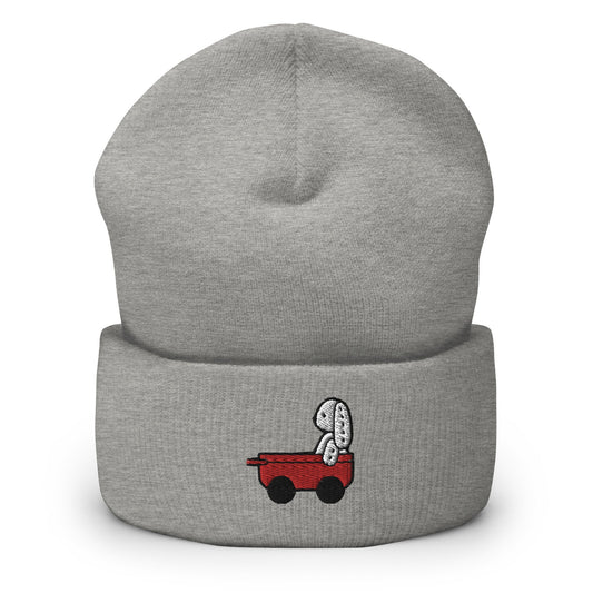 Stuffed Bunny Doll Red Wagon Embroidered Beanie, Handmade Cuffed Knit Unisex Slouchy Adult Winter Hat Cap Gift