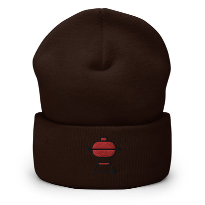 Barbecue BBQ Charcoal Grill Cookout Embroidered Beanie, Handmade Cuffed Knit Unisex Slouchy Adult Winter Hat Cap Gift
