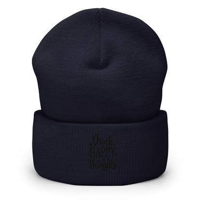 Drink Happy Thoughts Embroidered Beanie, Handmade Cuffed Knit Unisex Slouchy Adult Winter Hat Cap Gift