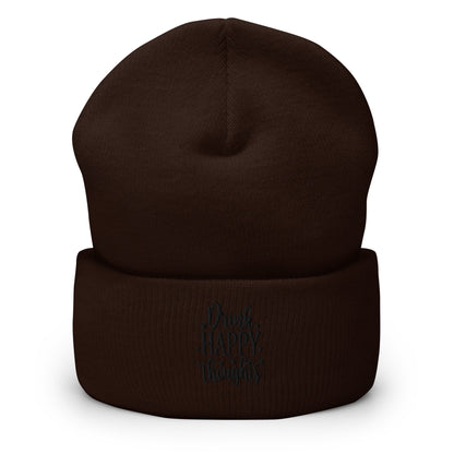 Drink Happy Thoughts Embroidered Beanie, Handmade Cuffed Knit Unisex Slouchy Adult Winter Hat Cap Gift