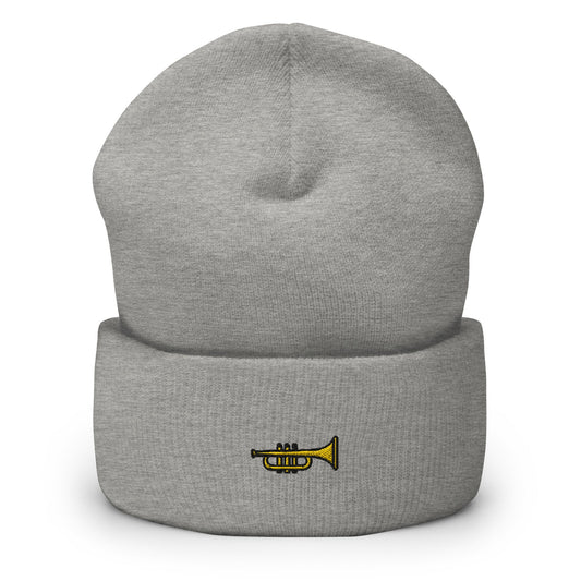 Trumpet Embroidered Beanie, Handmade Cuffed Knit Unisex Slouchy Adult Winter Hat Cap Gift