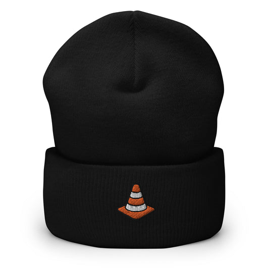Traffic Safety Cone Embroidered Beanie, Handmade Cuffed Knit Unisex Slouchy Adult Winter Hat Cap Gift