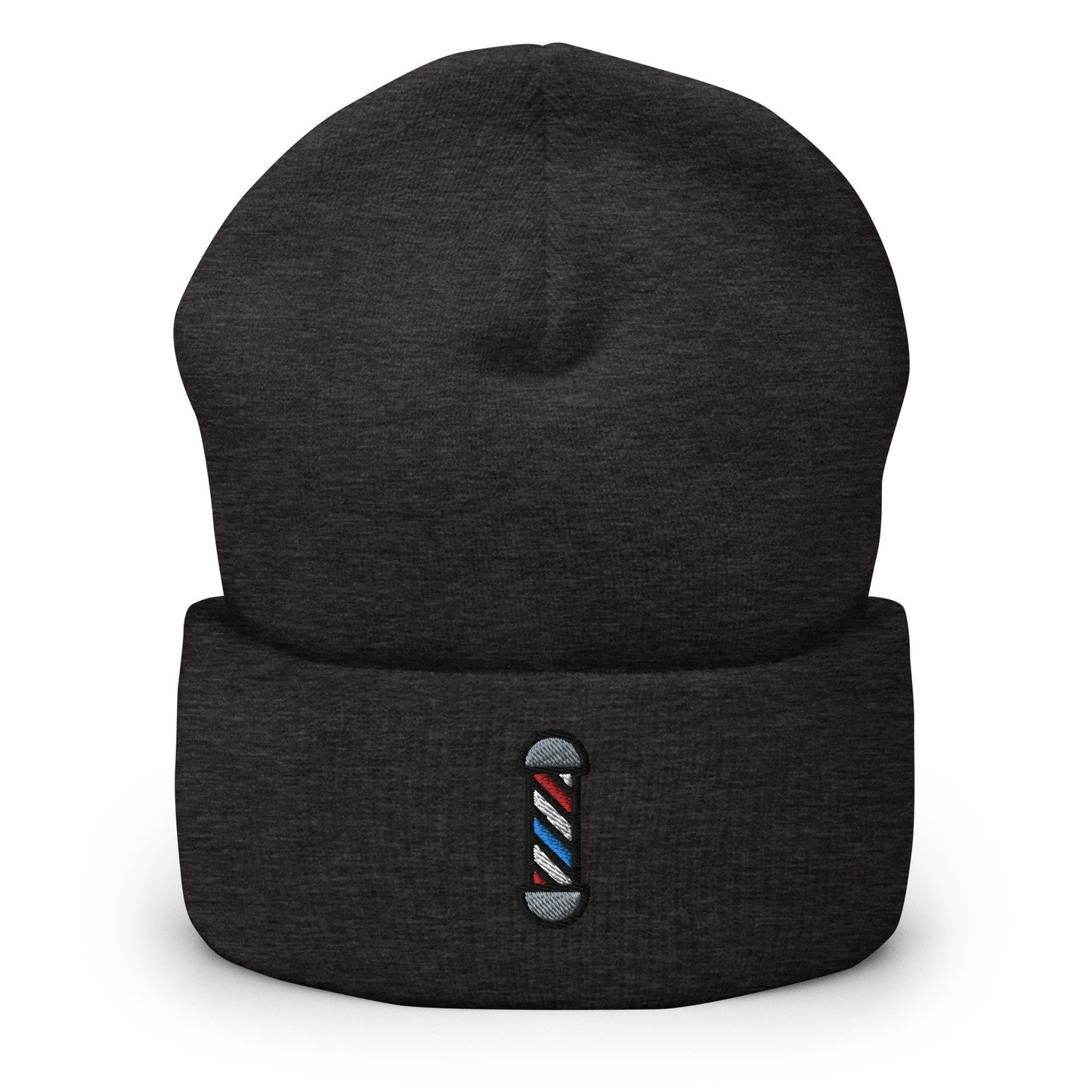 Men's Hair Stylist, Barbers Pole Embroidered Beanie, Handmade Cuffed Knit Unisex Slouchy Adult Winter Hat Cap Gift