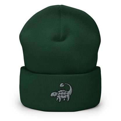Ankylosaurus Dinosaur Embroidered Beanie, Handmade Cuffed Knit Unisex Slouchy Adult Winter Hat Cap Gift