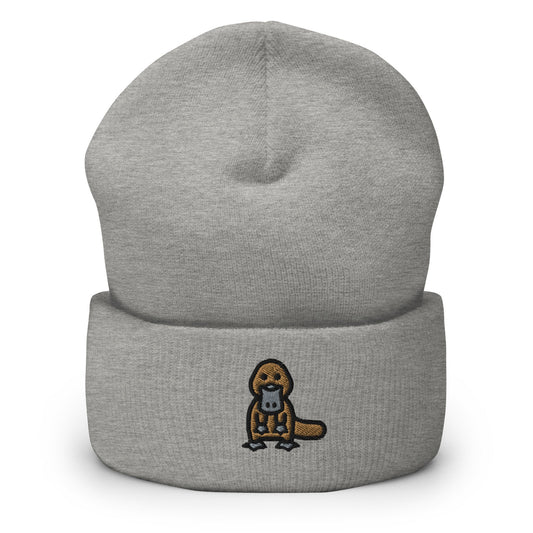 Duck-Billed Platypus Embroidered Beanie, Handmade Cuffed Knit Unisex Slouchy Adult Winter Hat Cap Gift
