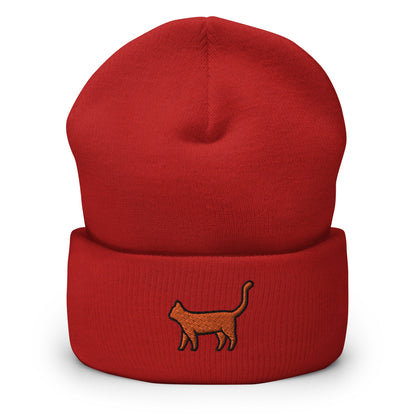Orange Tabby Cat Lover Gift, Orange Cat Kitty Kitten Embroidered Beanie, Handmade Cuffed Knit Unisex Slouchy Adult Winter Hat Cap Gift
