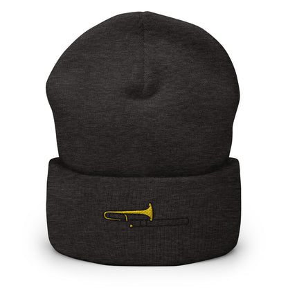 Trombone Player Instrument Embroidered Beanie, Handmade Cuffed Knit Unisex Slouchy Adult Winter Hat Cap Gift