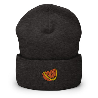 Slice of Orange Embroidered Beanie, Handmade Cuffed Knit Unisex Slouchy Adult Winter Hat Cap Gift