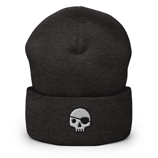 Pirate Skull Embroidered Beanie, Handmade Cuffed Knit Unisex Slouchy Adult Winter Hat Cap Gift