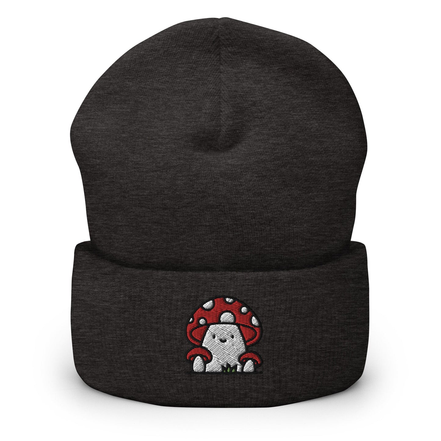 Cute Red Mushroom Family Embroidered Beanie, Handmade Cuffed Knit Unisex Slouchy Adult Winter Hat Cap Gift