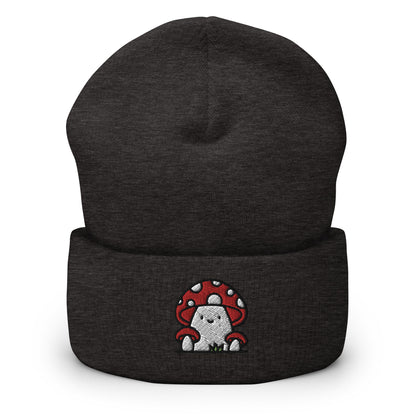 Cute Red Mushroom Family Embroidered Beanie, Handmade Cuffed Knit Unisex Slouchy Adult Winter Hat Cap Gift